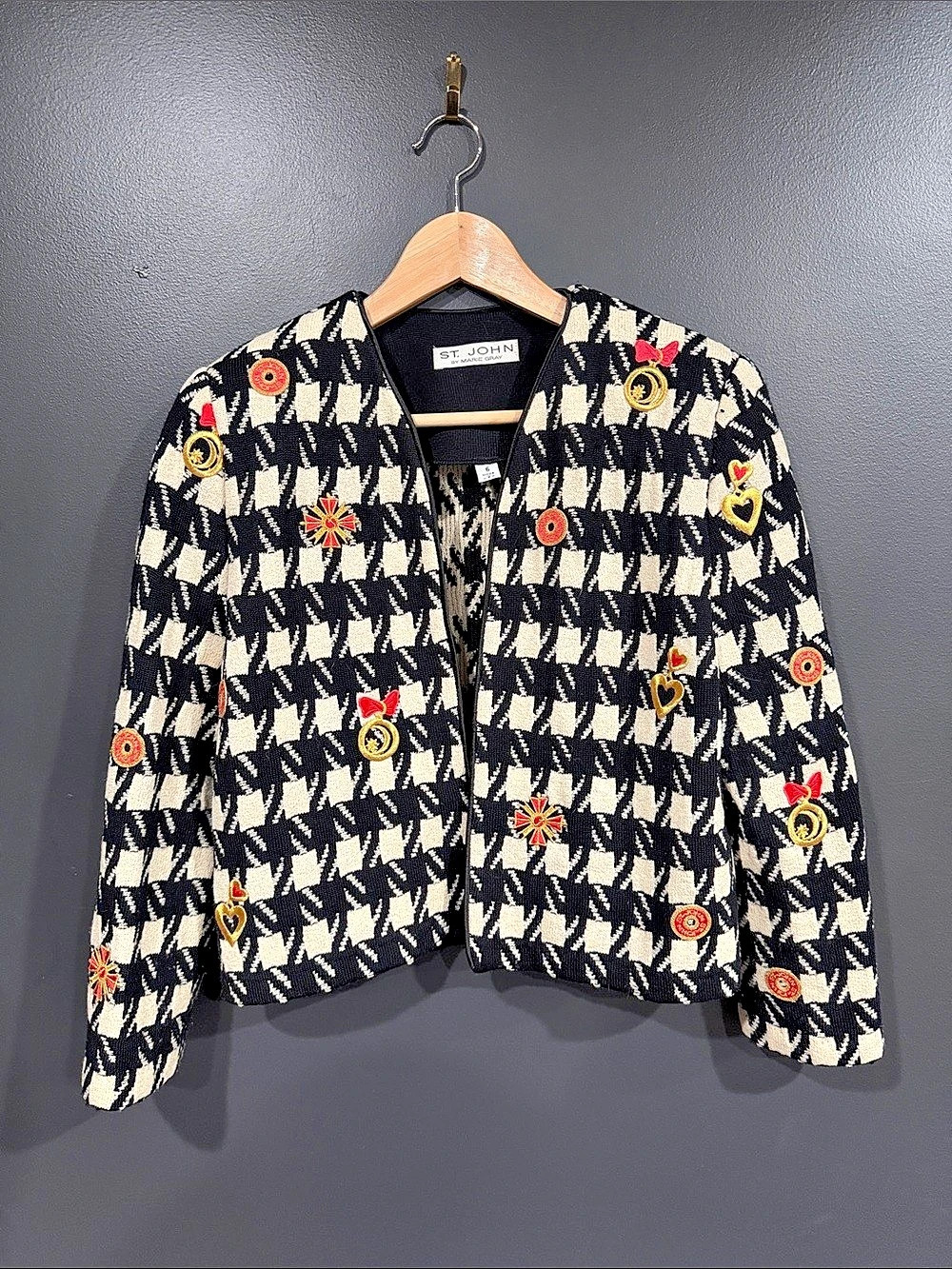 St. John Holiday Christmas Geometric Embellished Cardigan Size 6